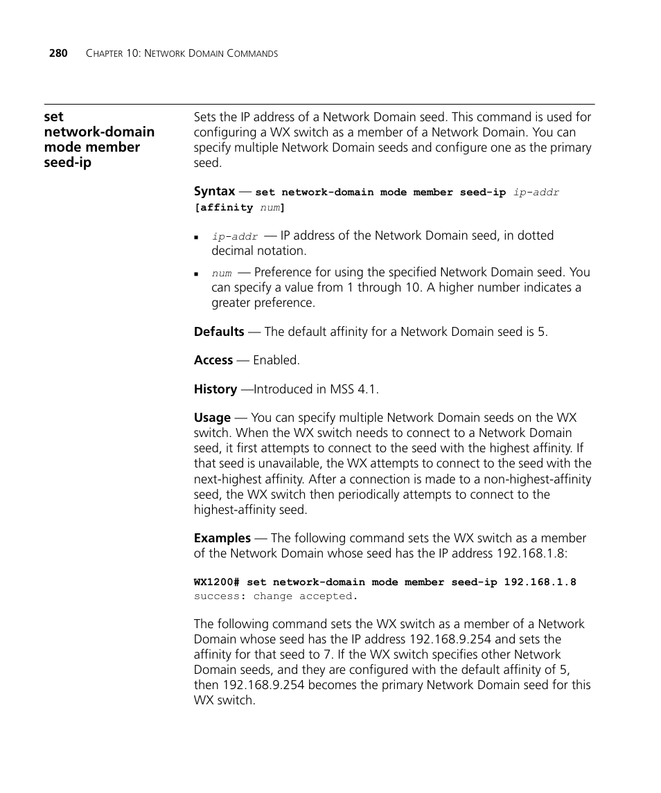 Set network-domain mode member seed-ip | 3Com Wireless LAN WX1200 User Manual | Page 280 / 646