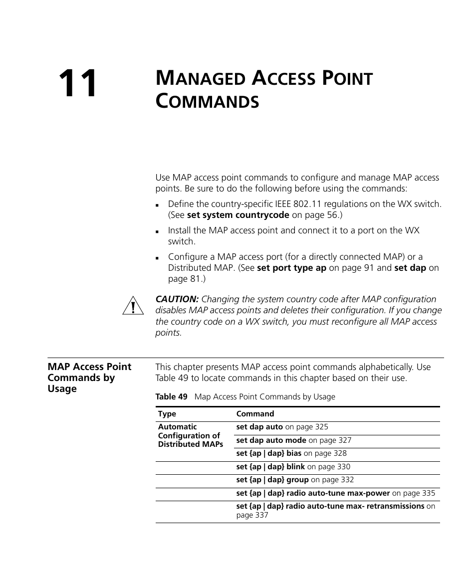 Managed access point commands, Map access point commands by usage, Anaged | Ccess, Oint, Ommands | 3Com Wireless LAN WX1200 User Manual | Page 283 / 646