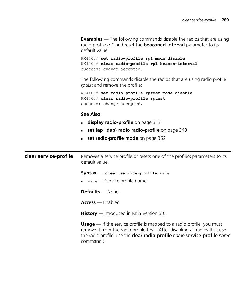 Clear service-profile | 3Com Wireless LAN WX1200 User Manual | Page 289 / 646