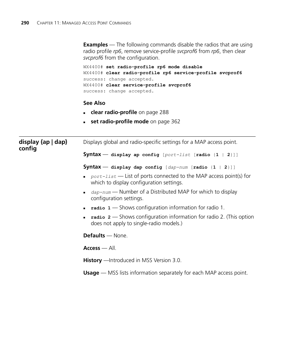 Display {ap | dap} config | 3Com Wireless LAN WX1200 User Manual | Page 290 / 646