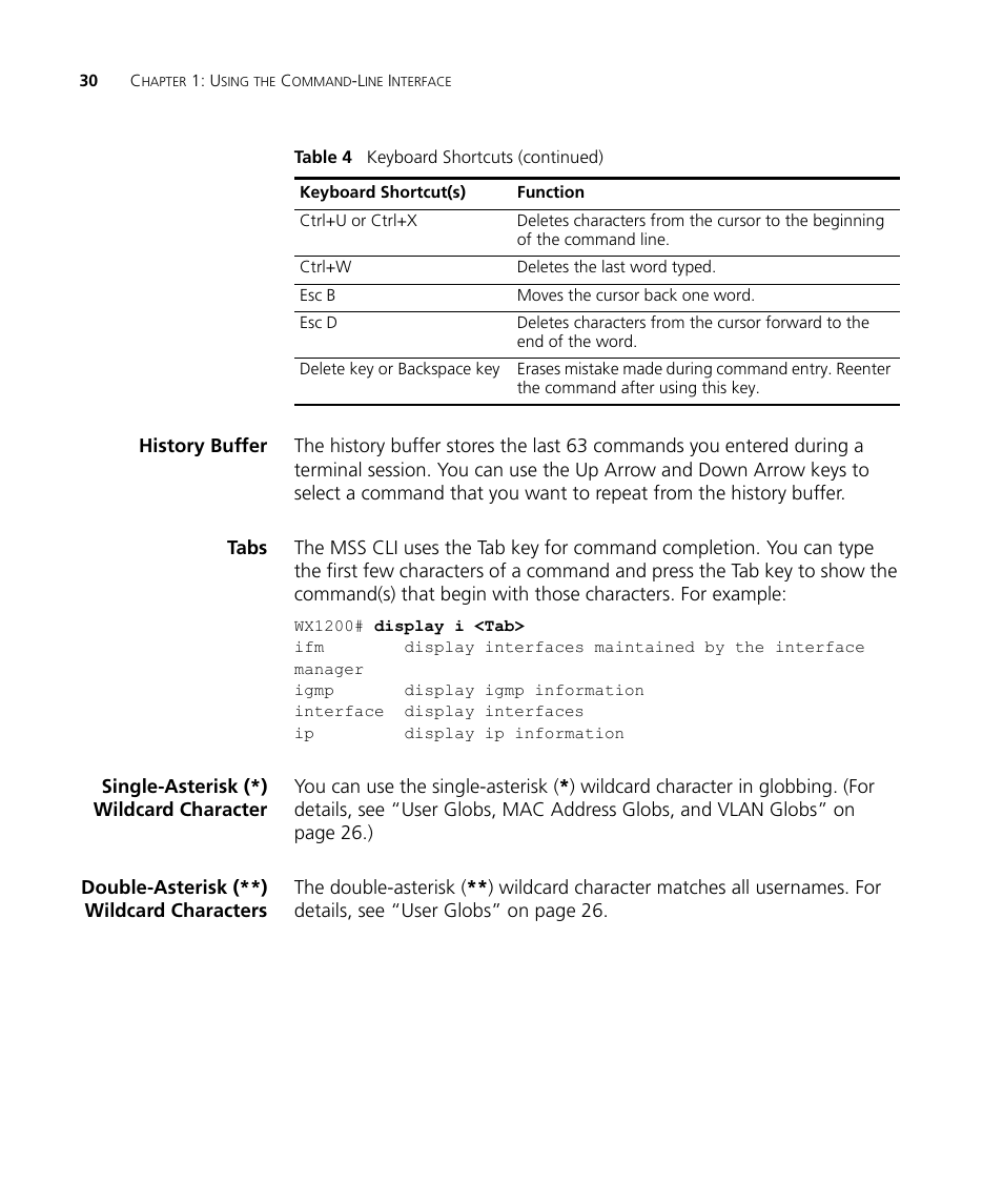 History buffer, Tabs, Single-asterisk (*) wildcard character | Double-asterisk (**) wildcard characters | 3Com Wireless LAN WX1200 User Manual | Page 30 / 646