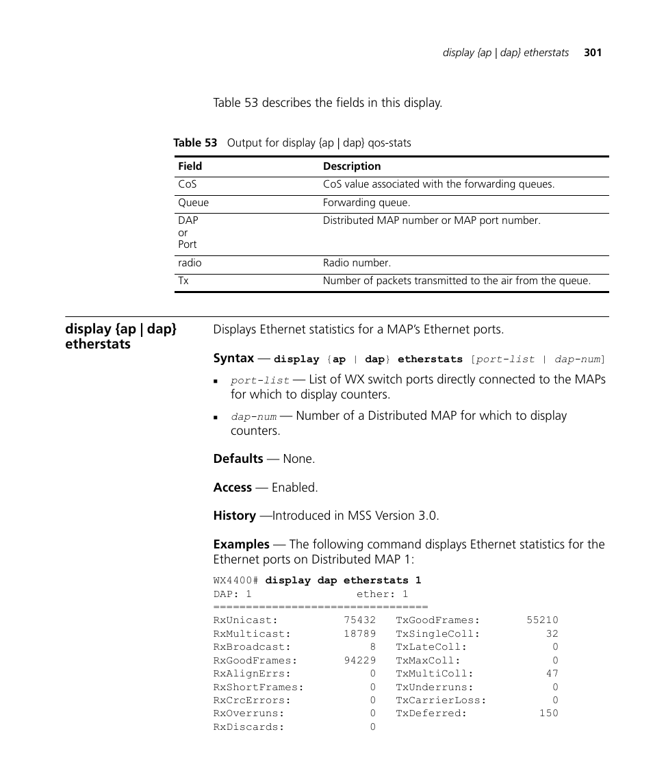 Display {ap | dap} etherstats | 3Com Wireless LAN WX1200 User Manual | Page 301 / 646