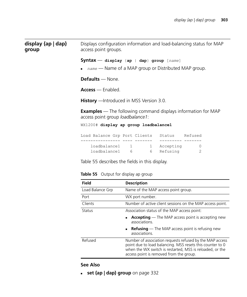 Display {ap | dap} group | 3Com Wireless LAN WX1200 User Manual | Page 303 / 646