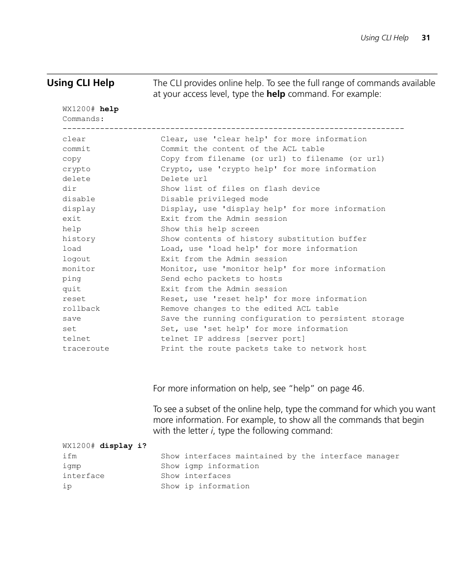 Using cli help | 3Com Wireless LAN WX1200 User Manual | Page 31 / 646