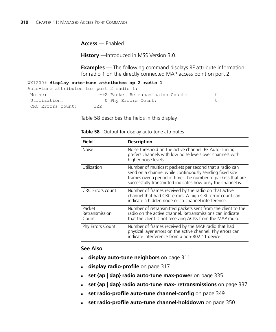 Display auto-tune neighbors on page 311, Display radio-profile on page 317 | 3Com Wireless LAN WX1200 User Manual | Page 310 / 646