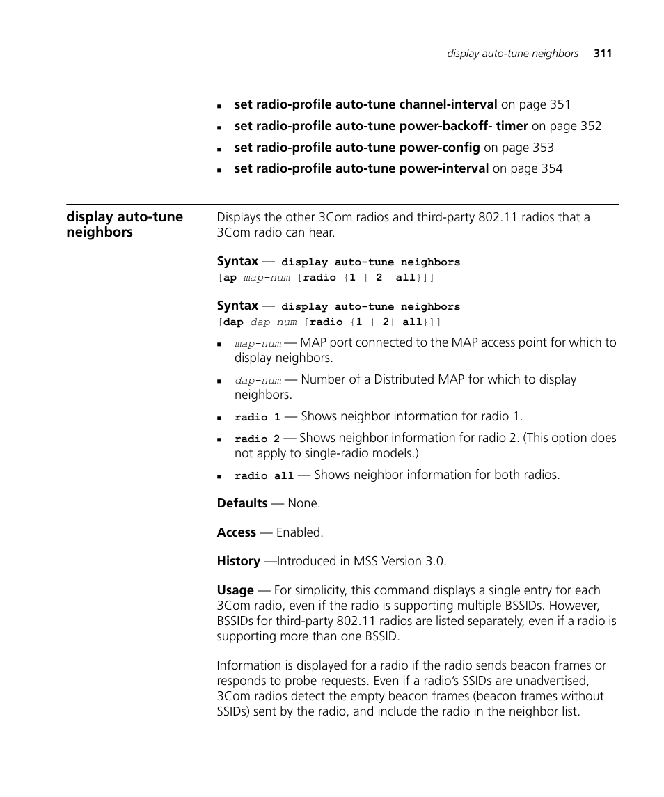 Display auto-tune neighbors | 3Com Wireless LAN WX1200 User Manual | Page 311 / 646
