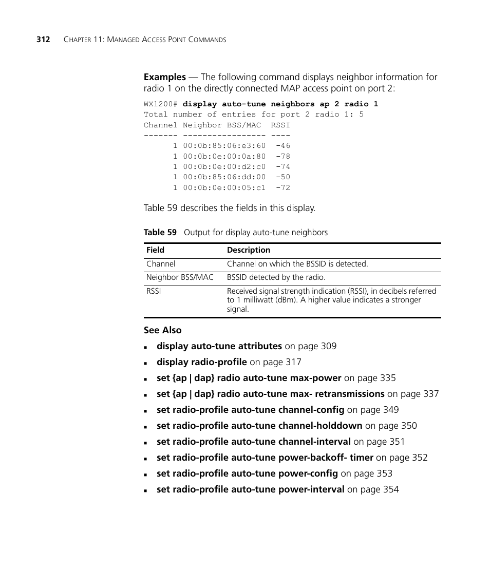 Display auto-tune attributes on page 309, Display radio-profile on page 317 | 3Com Wireless LAN WX1200 User Manual | Page 312 / 646