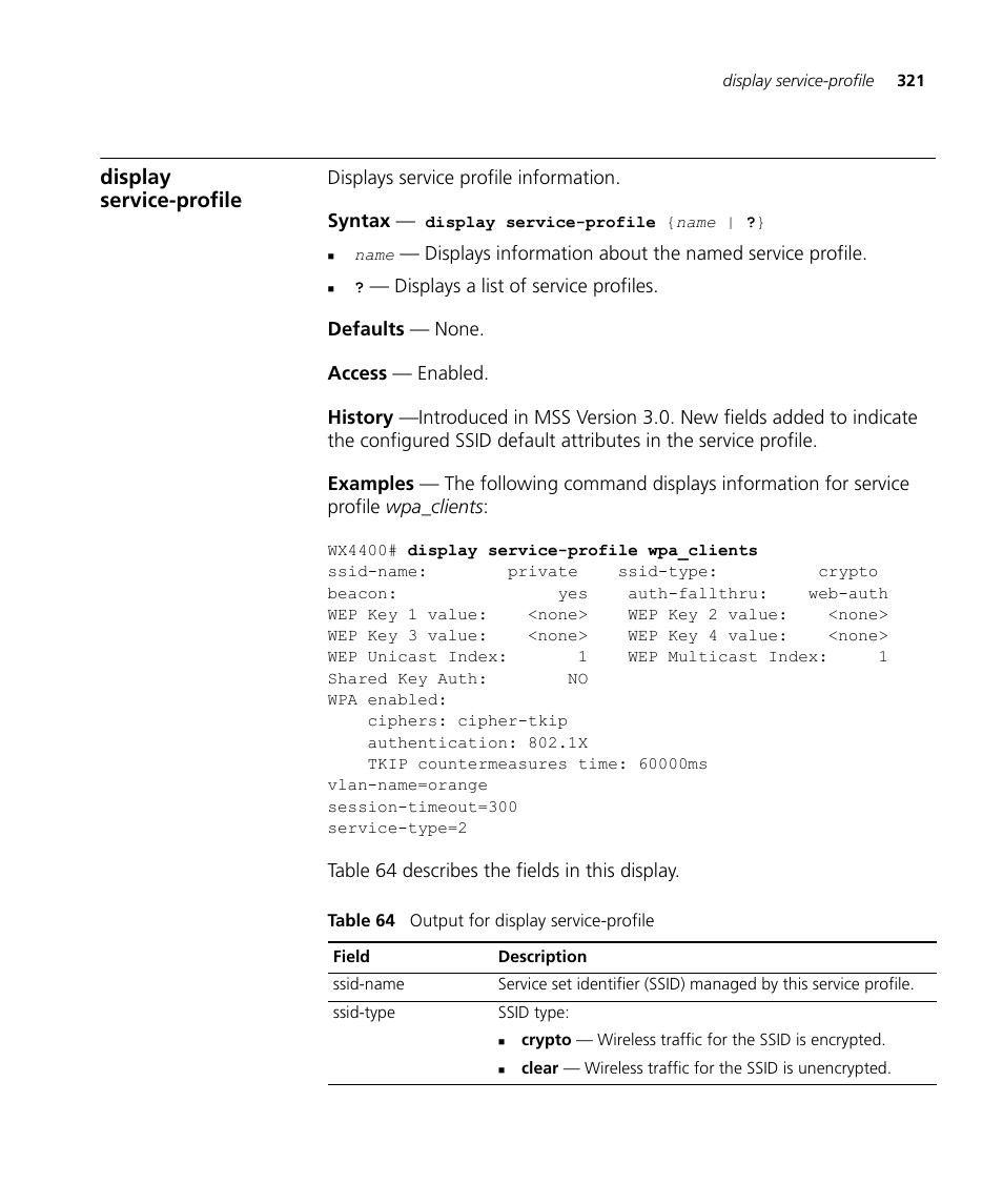 Display service-profile | 3Com Wireless LAN WX1200 User Manual | Page 321 / 646