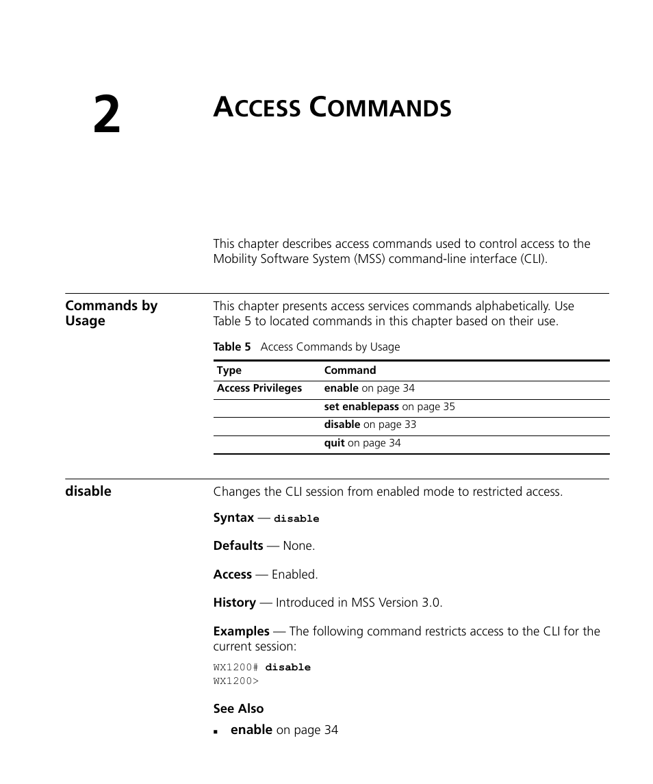 Access commands, Commands by usage, Disable | Ccess, Ommands | 3Com Wireless LAN WX1200 User Manual | Page 33 / 646