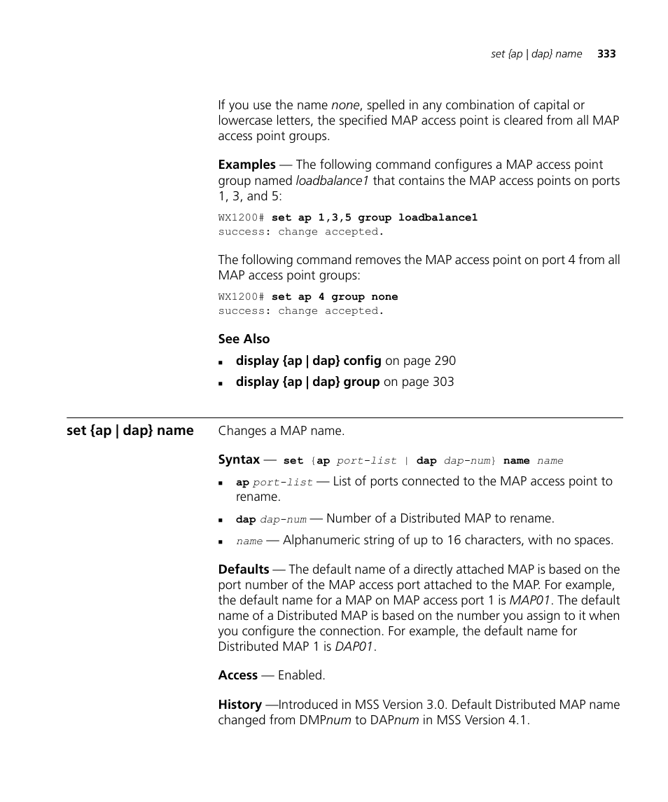 Set {ap | dap} name | 3Com Wireless LAN WX1200 User Manual | Page 333 / 646