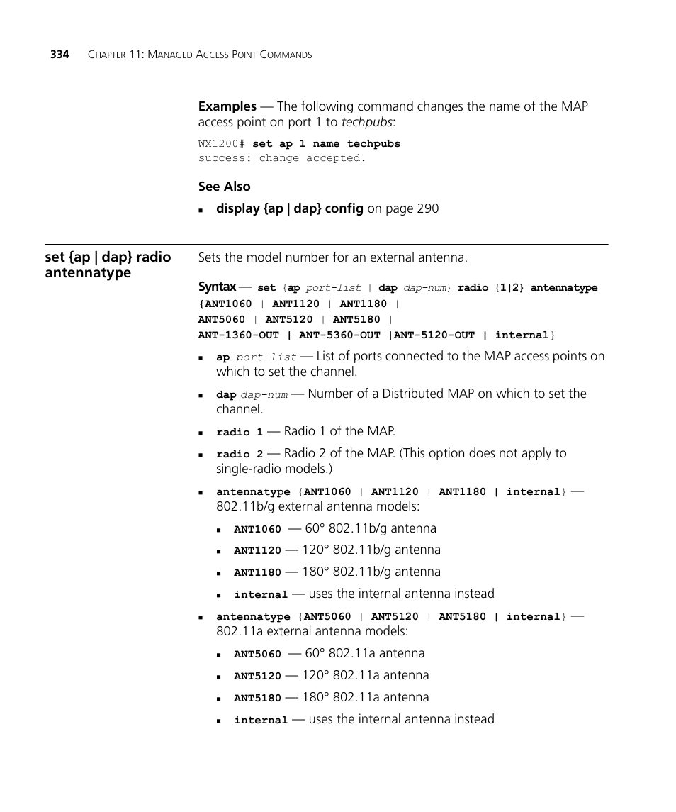 Set {ap | dap} radio antennatype, See also, Display {ap | dap} config on page 290 | Radio 1 of the map, 11b/g external antenna models, Uses the internal antenna instead, 11a external antenna models | 3Com Wireless LAN WX1200 User Manual | Page 334 / 646