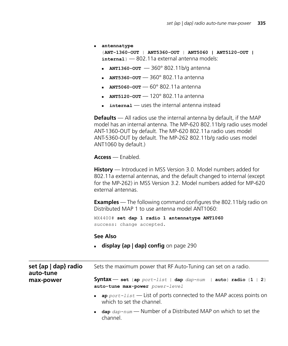 Set {ap | dap} radio auto-tune max-power | 3Com Wireless LAN WX1200 User Manual | Page 335 / 646