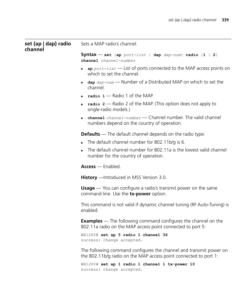 Set {ap | dap} radio channel | 3Com Wireless LAN WX1200 User Manual | Page 339 / 646