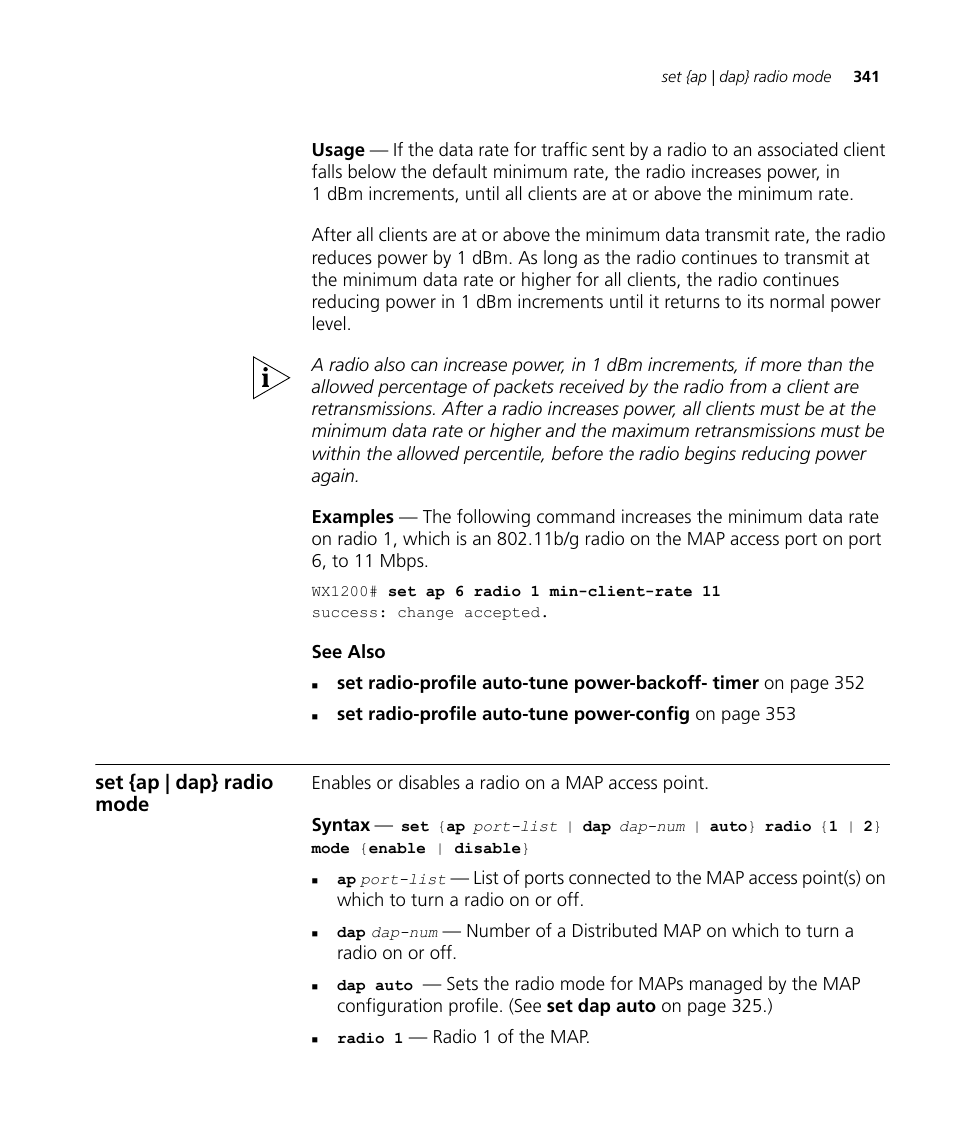 Set {ap | dap} radio mode | 3Com Wireless LAN WX1200 User Manual | Page 341 / 646