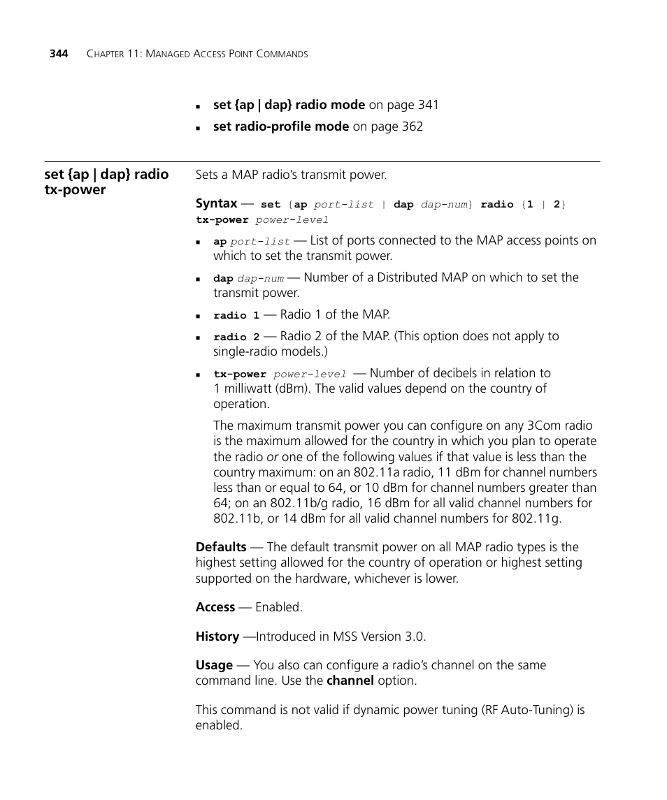Set {ap | dap} radio tx-power | 3Com Wireless LAN WX1200 User Manual | Page 344 / 646
