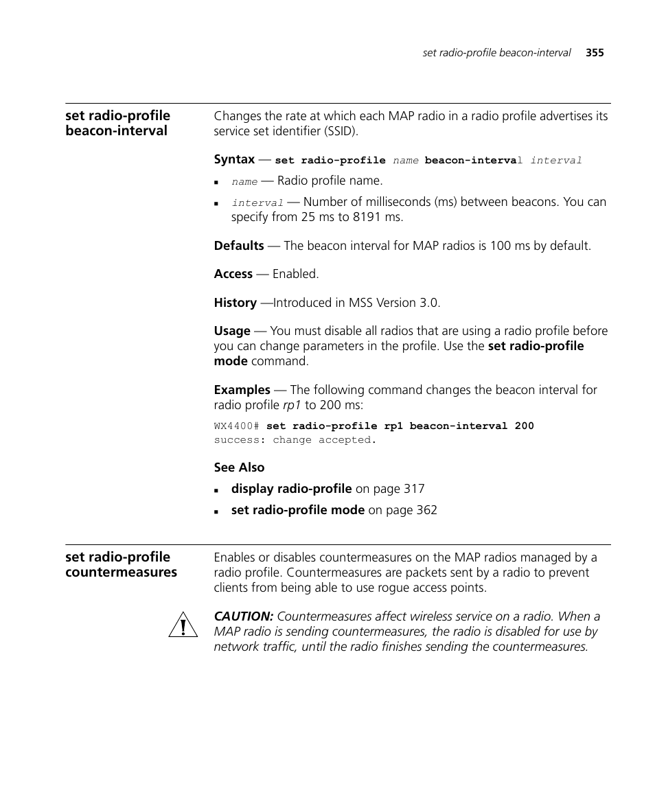 Set radio-profile beacon-interval, Set radio-profile countermeasures | 3Com Wireless LAN WX1200 User Manual | Page 355 / 646