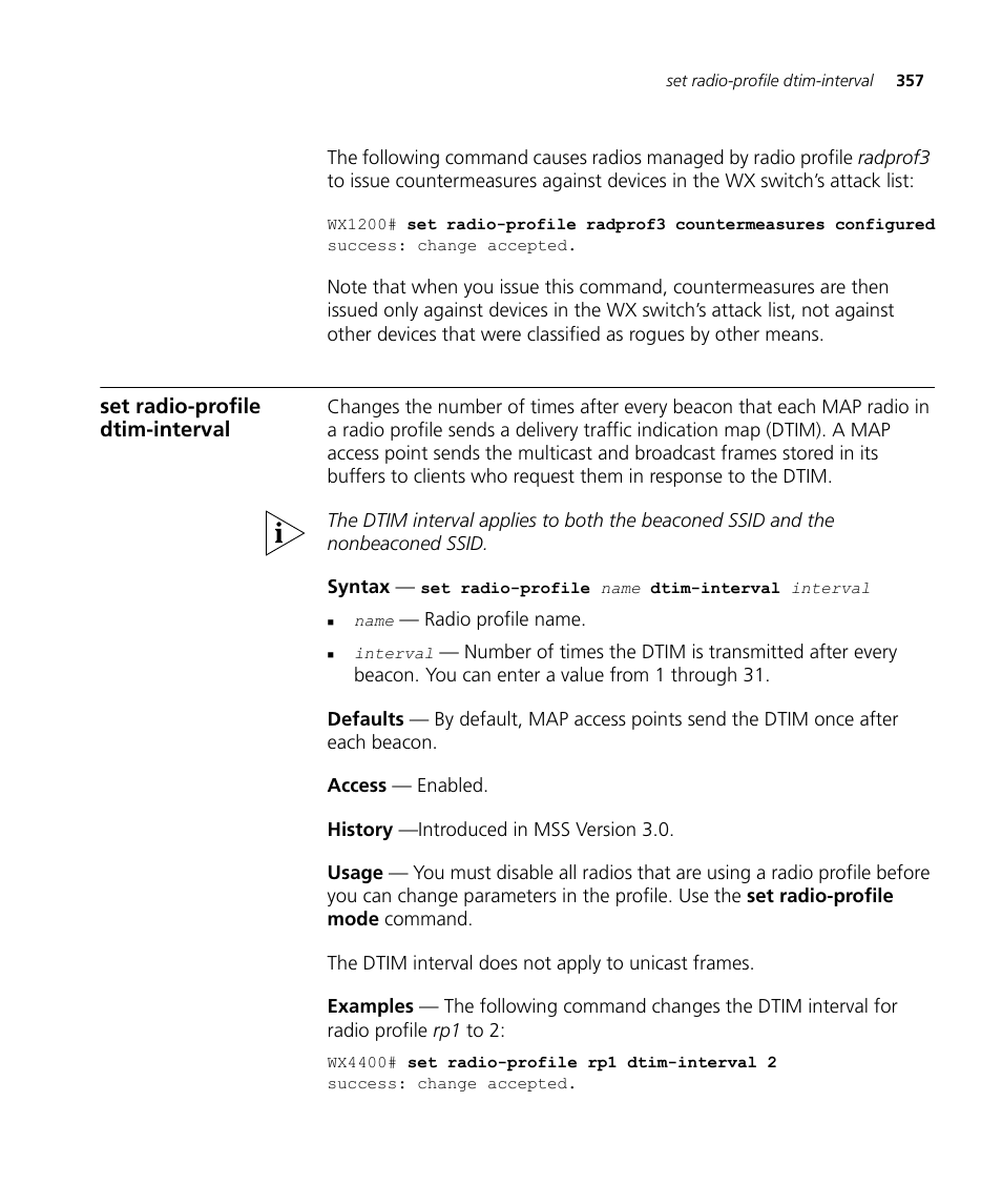Set radio-profile dtim-interval | 3Com Wireless LAN WX1200 User Manual | Page 357 / 646