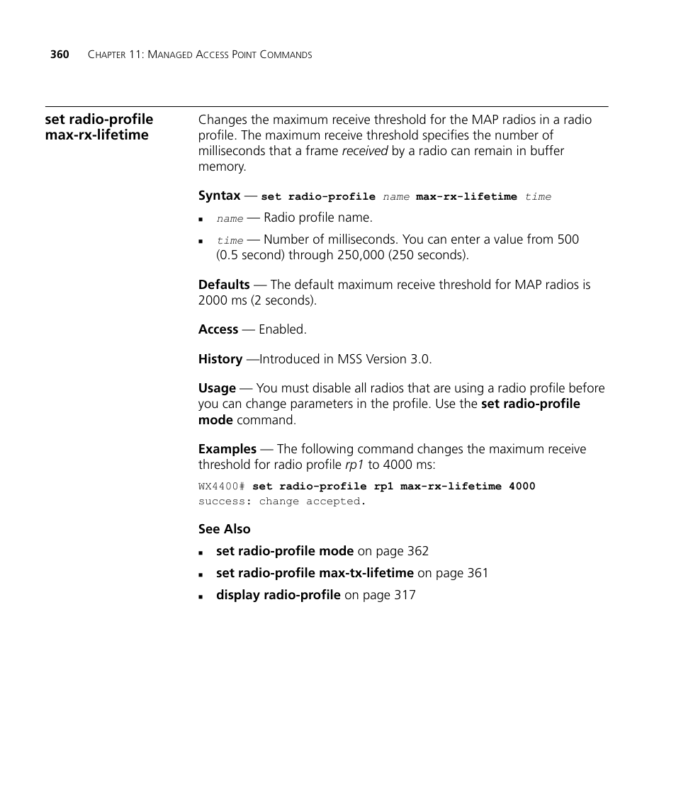 Set radio-profile max-rx-lifetime | 3Com Wireless LAN WX1200 User Manual | Page 360 / 646