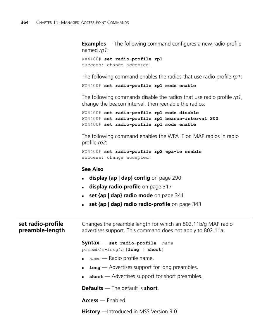 Set radio-profile preamble-length | 3Com Wireless LAN WX1200 User Manual | Page 364 / 646