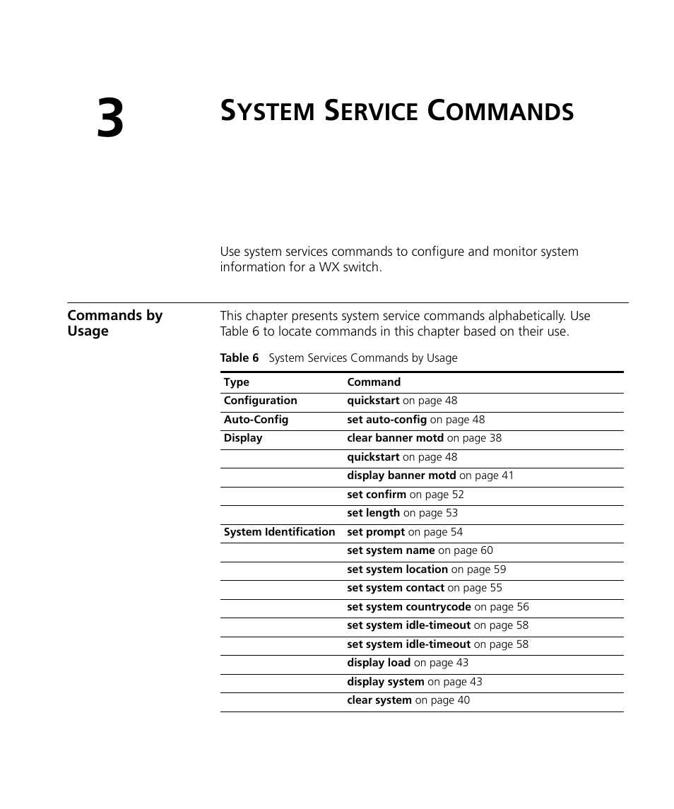 System service commands, Commands by usage, Ystem | Ervice, Ommands | 3Com Wireless LAN WX1200 User Manual | Page 37 / 646