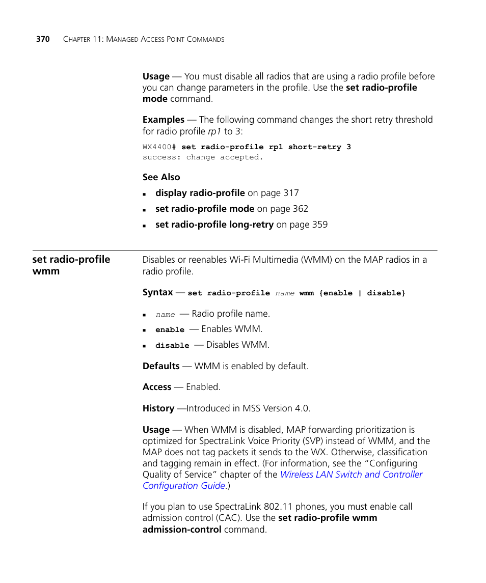 Set radio-profile wmm | 3Com Wireless LAN WX1200 User Manual | Page 370 / 646