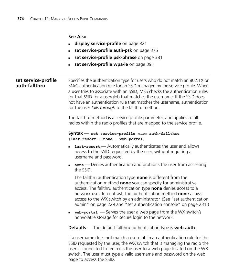 Set service-profile auth-fallthru | 3Com Wireless LAN WX1200 User Manual | Page 374 / 646