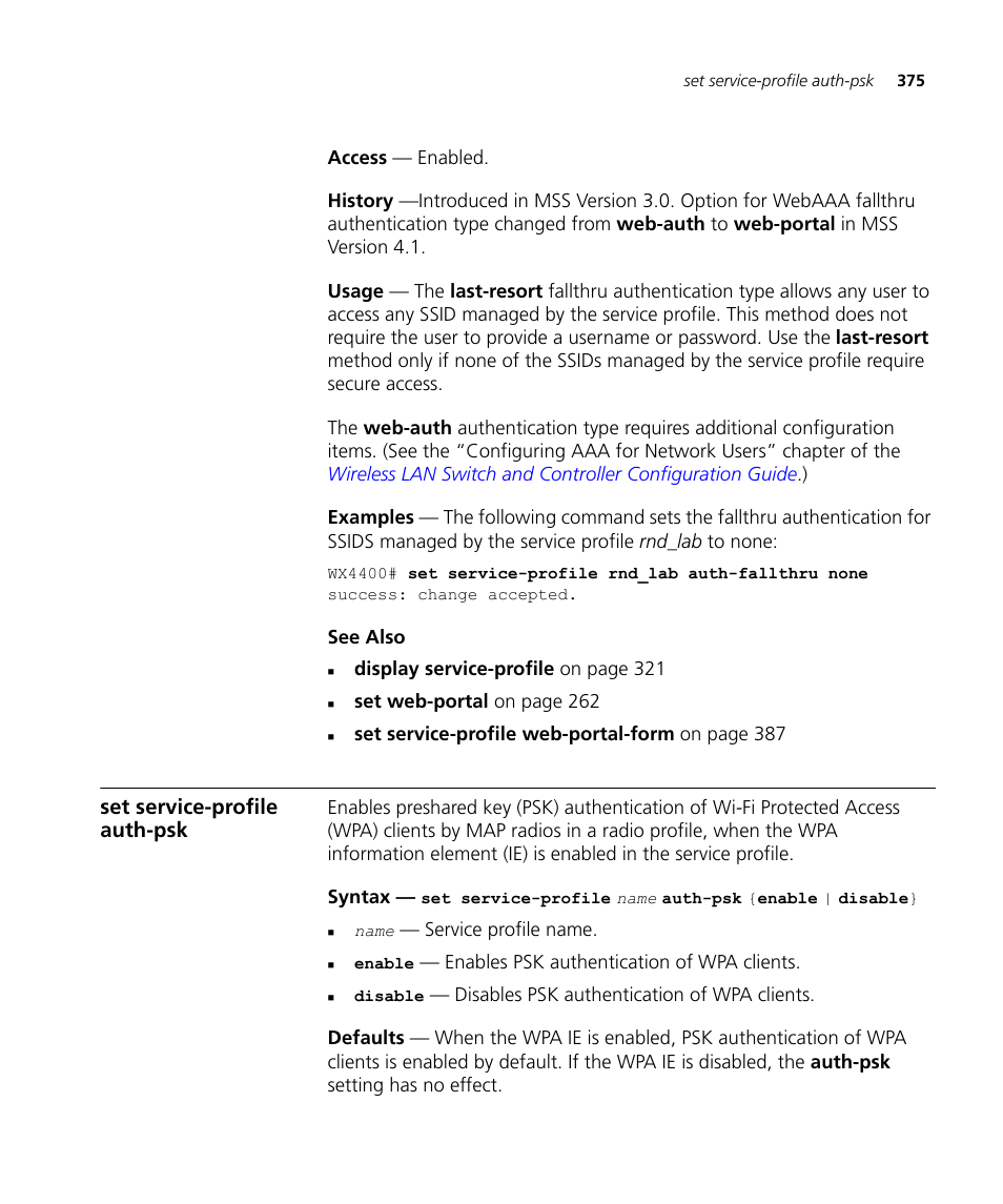 Set service-profile auth-psk | 3Com Wireless LAN WX1200 User Manual | Page 375 / 646
