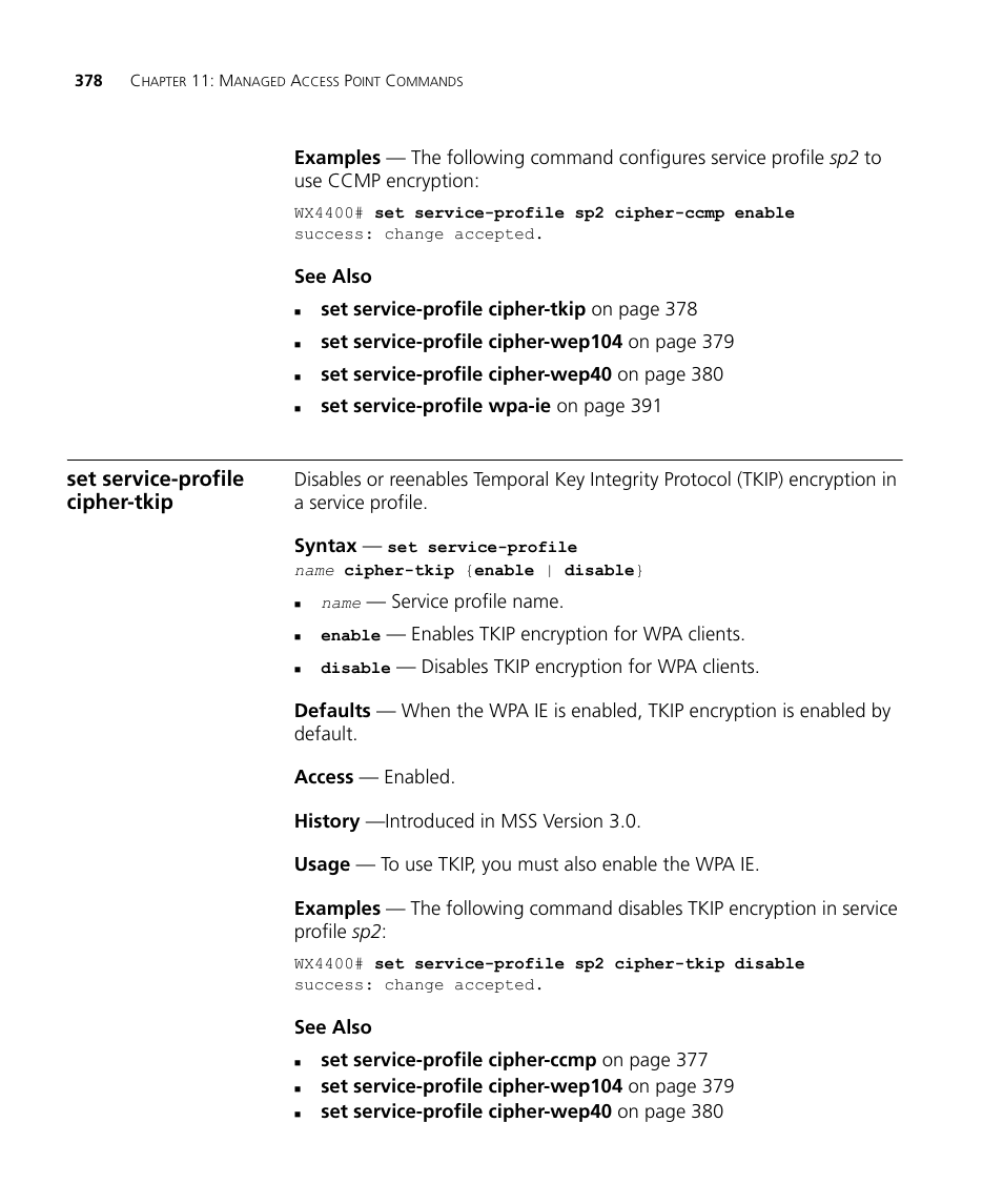 Set service-profile cipher-tkip | 3Com Wireless LAN WX1200 User Manual | Page 378 / 646