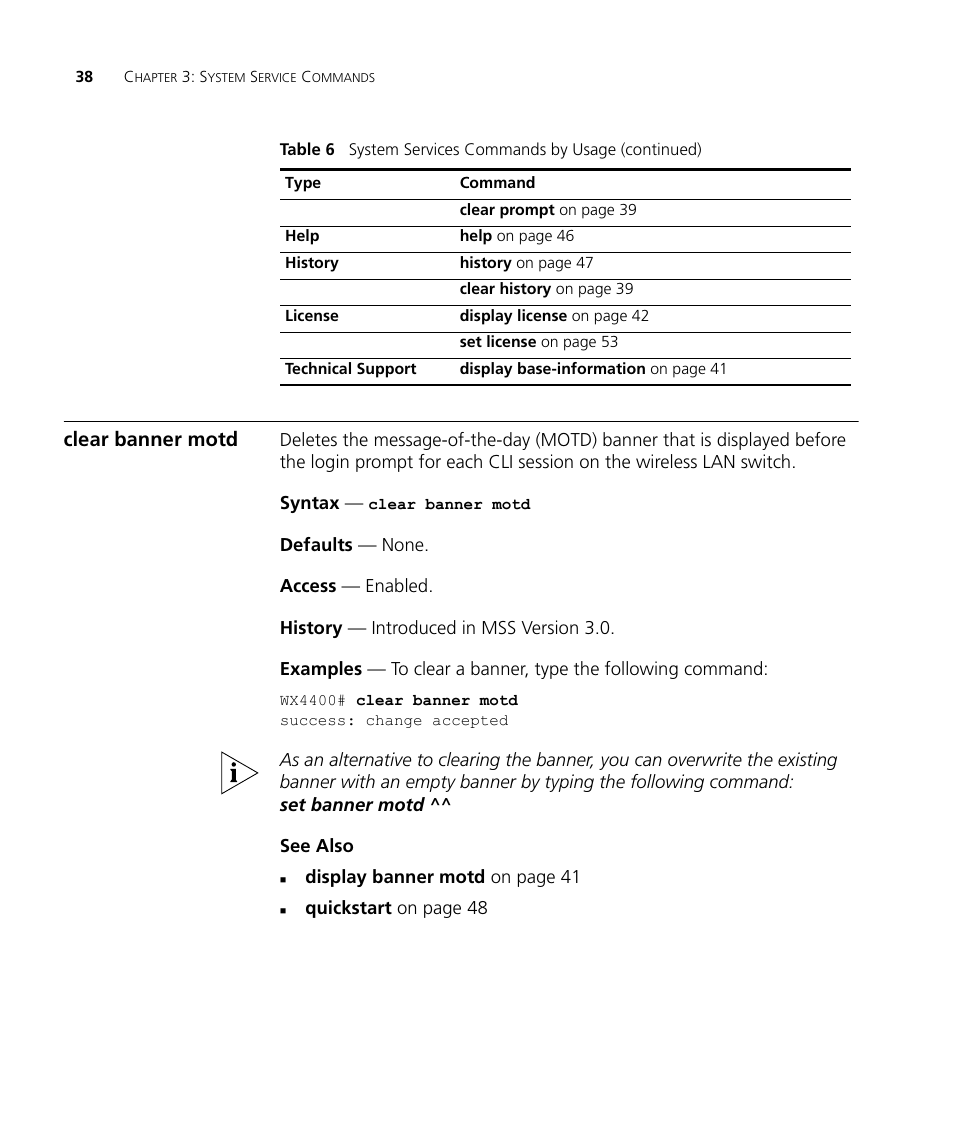 Clear banner motd | 3Com Wireless LAN WX1200 User Manual | Page 38 / 646