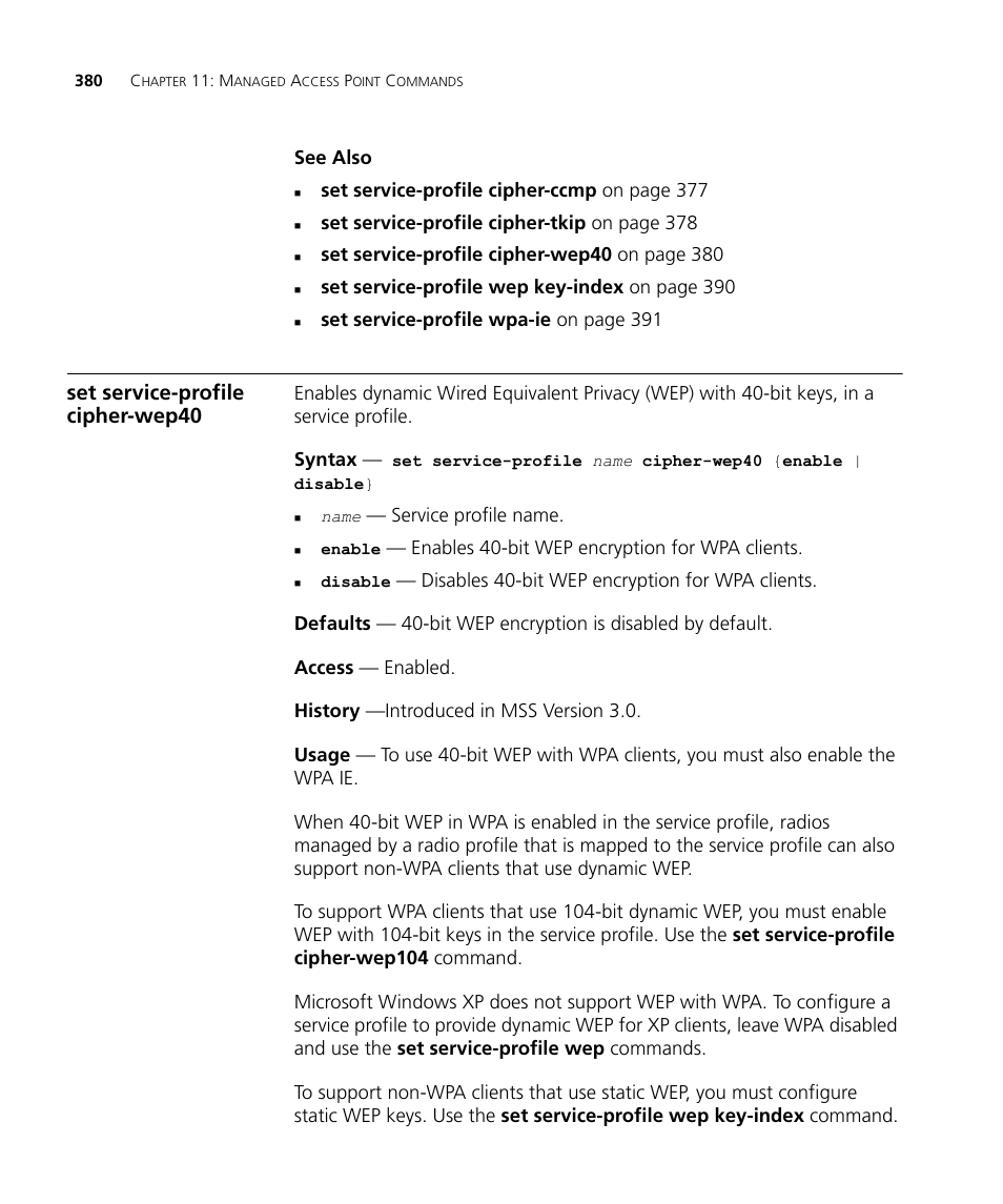 Set service-profile cipher-wep40 | 3Com Wireless LAN WX1200 User Manual | Page 380 / 646