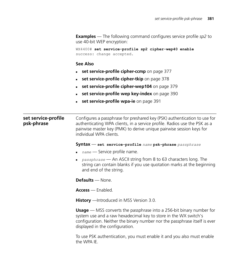Set service-profile psk-phrase | 3Com Wireless LAN WX1200 User Manual | Page 381 / 646
