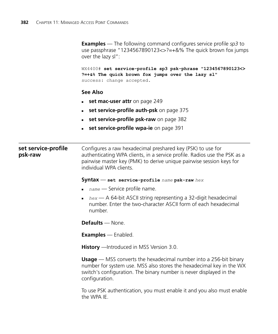 Set service-profile psk-raw | 3Com Wireless LAN WX1200 User Manual | Page 382 / 646