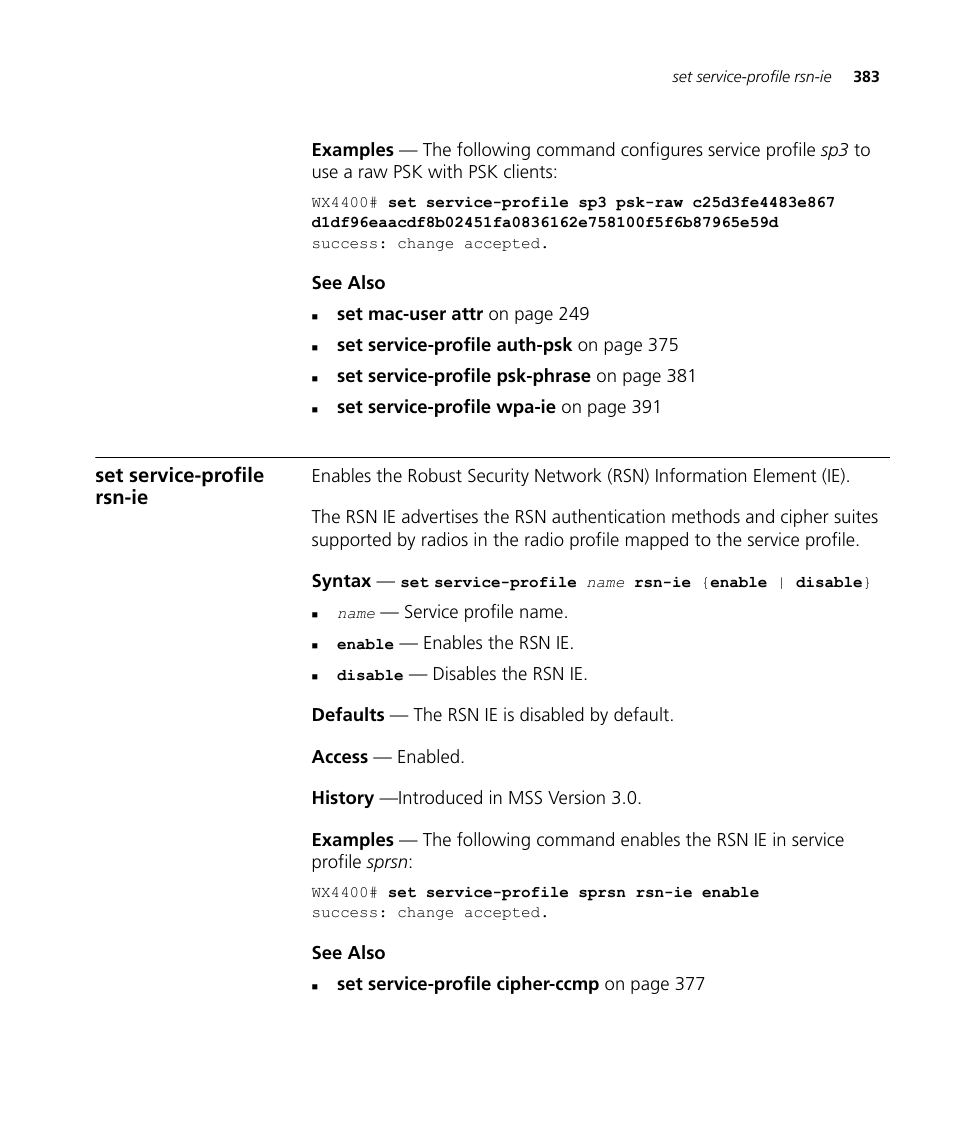 Set service-profile rsn-ie | 3Com Wireless LAN WX1200 User Manual | Page 383 / 646