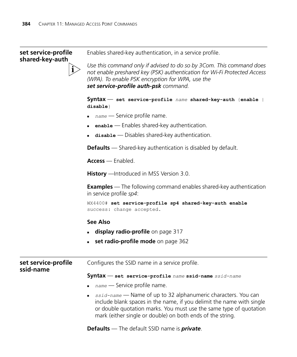Set service-profile shared-key-auth, Set service-profile ssid-name | 3Com Wireless LAN WX1200 User Manual | Page 384 / 646