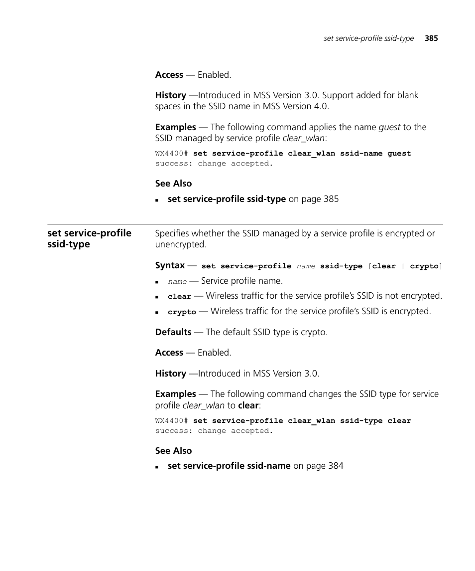 Set service-profile ssid-type | 3Com Wireless LAN WX1200 User Manual | Page 385 / 646