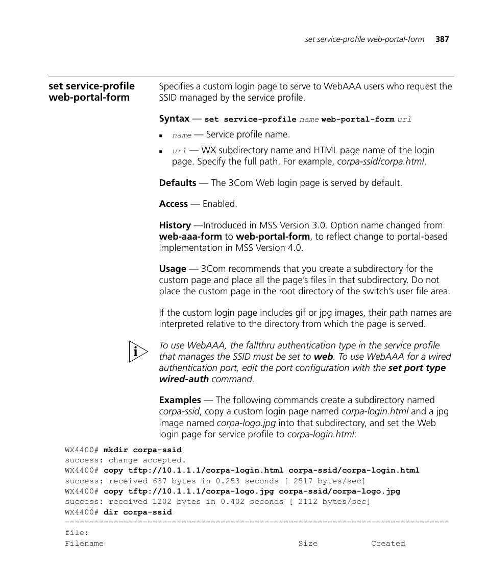 Set service-profile web-portal-form | 3Com Wireless LAN WX1200 User Manual | Page 387 / 646