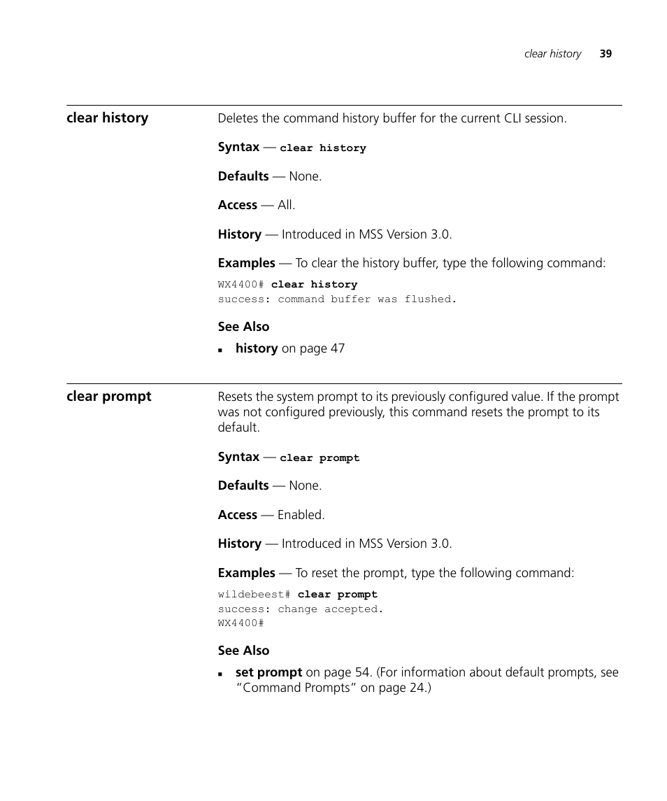 Clear history, Clear prompt | 3Com Wireless LAN WX1200 User Manual | Page 39 / 646