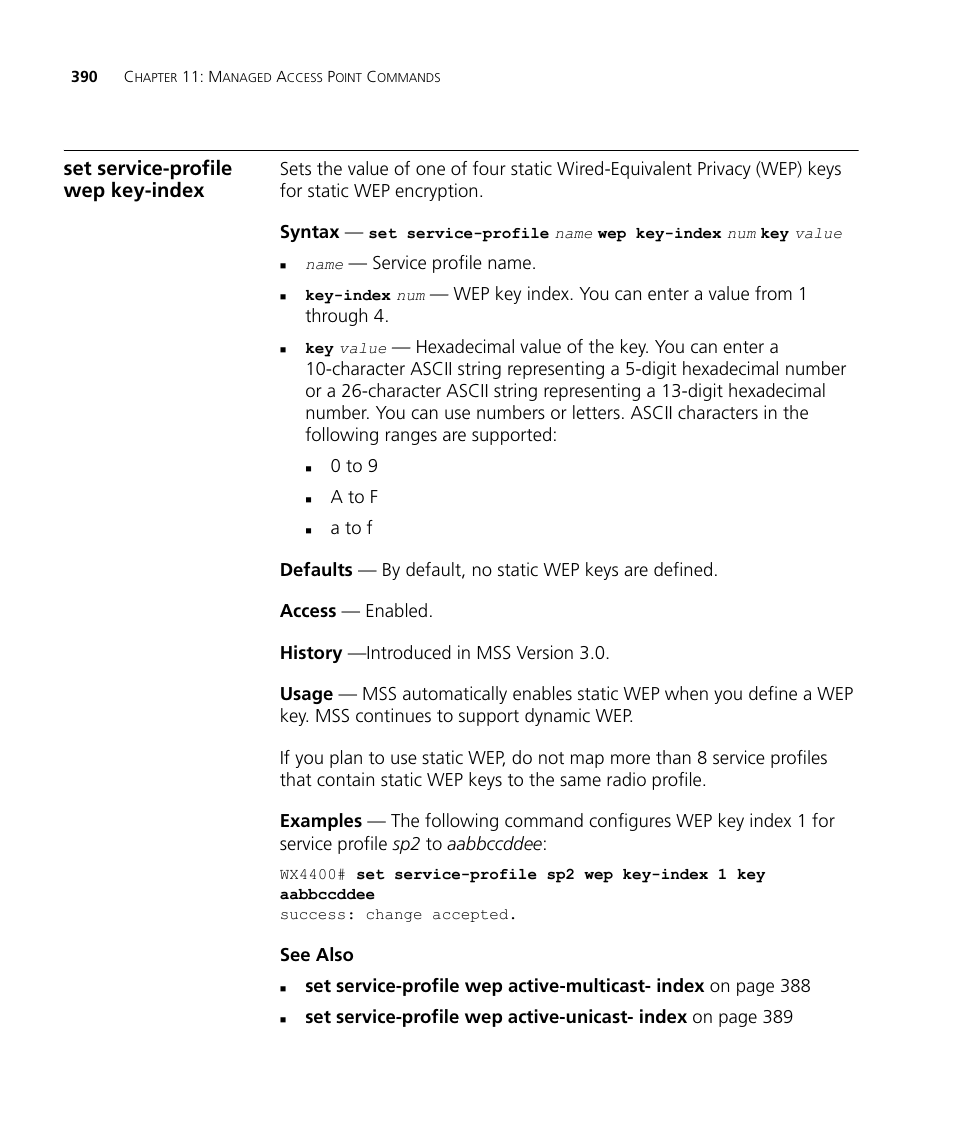 Set service-profile wep key-index | 3Com Wireless LAN WX1200 User Manual | Page 390 / 646