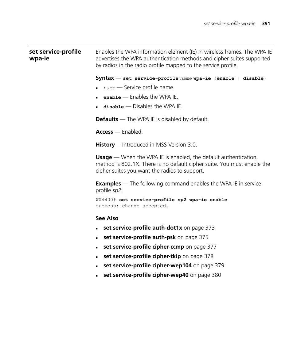 Set service-profile wpa-ie | 3Com Wireless LAN WX1200 User Manual | Page 391 / 646