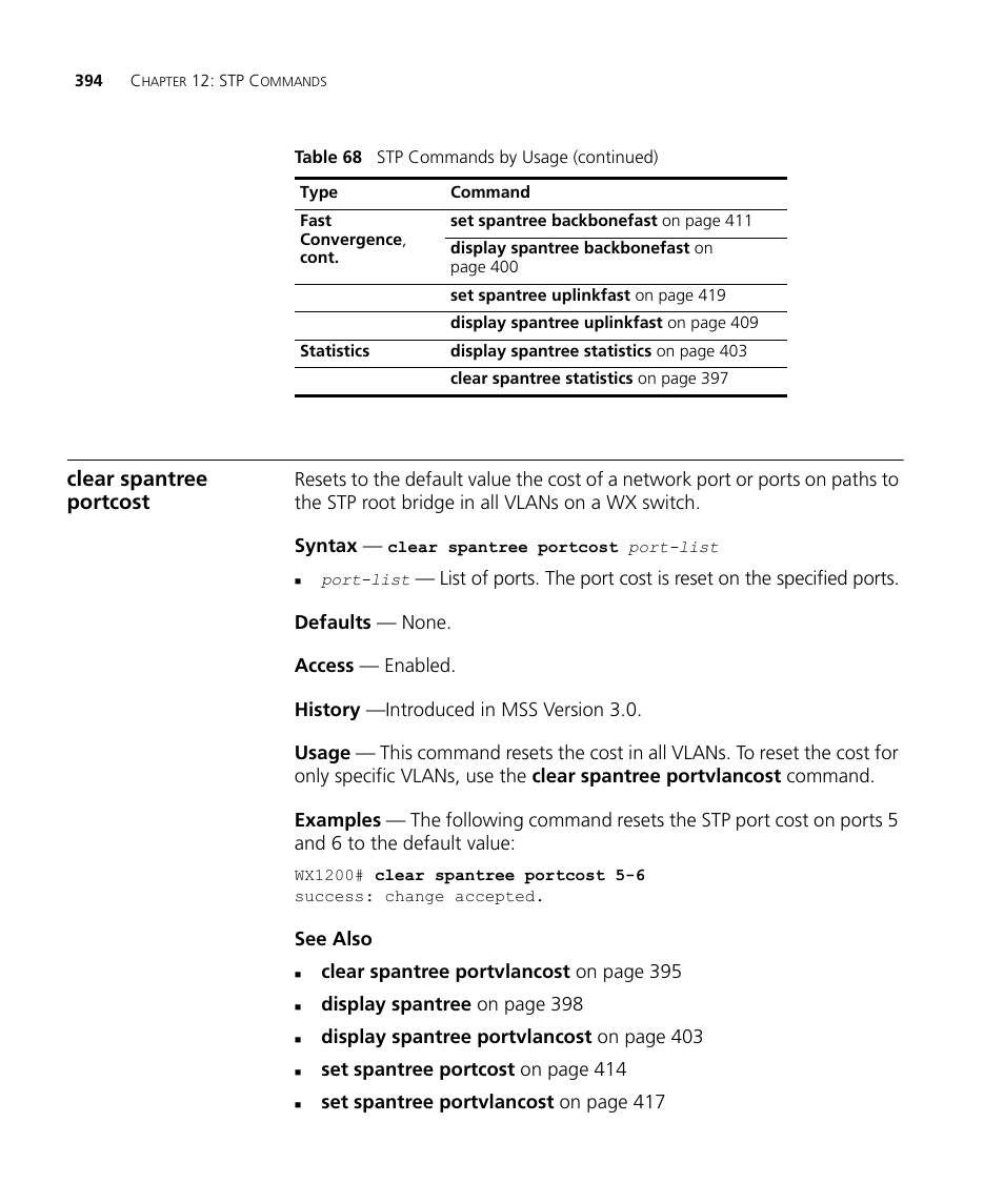 Clear spantree portcost | 3Com Wireless LAN WX1200 User Manual | Page 394 / 646