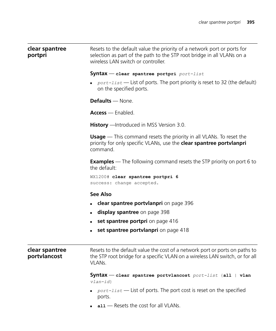 Clear spantree portpri, Clear spantree portvlancost | 3Com Wireless LAN WX1200 User Manual | Page 395 / 646