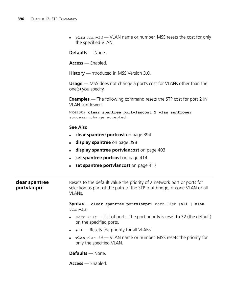 Clear spantree portvlanpri | 3Com Wireless LAN WX1200 User Manual | Page 396 / 646