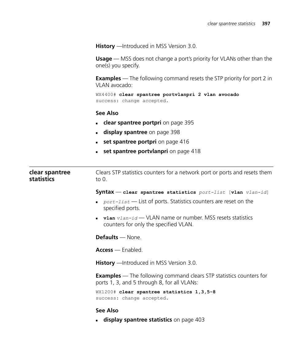 Clear spantree statistics | 3Com Wireless LAN WX1200 User Manual | Page 397 / 646