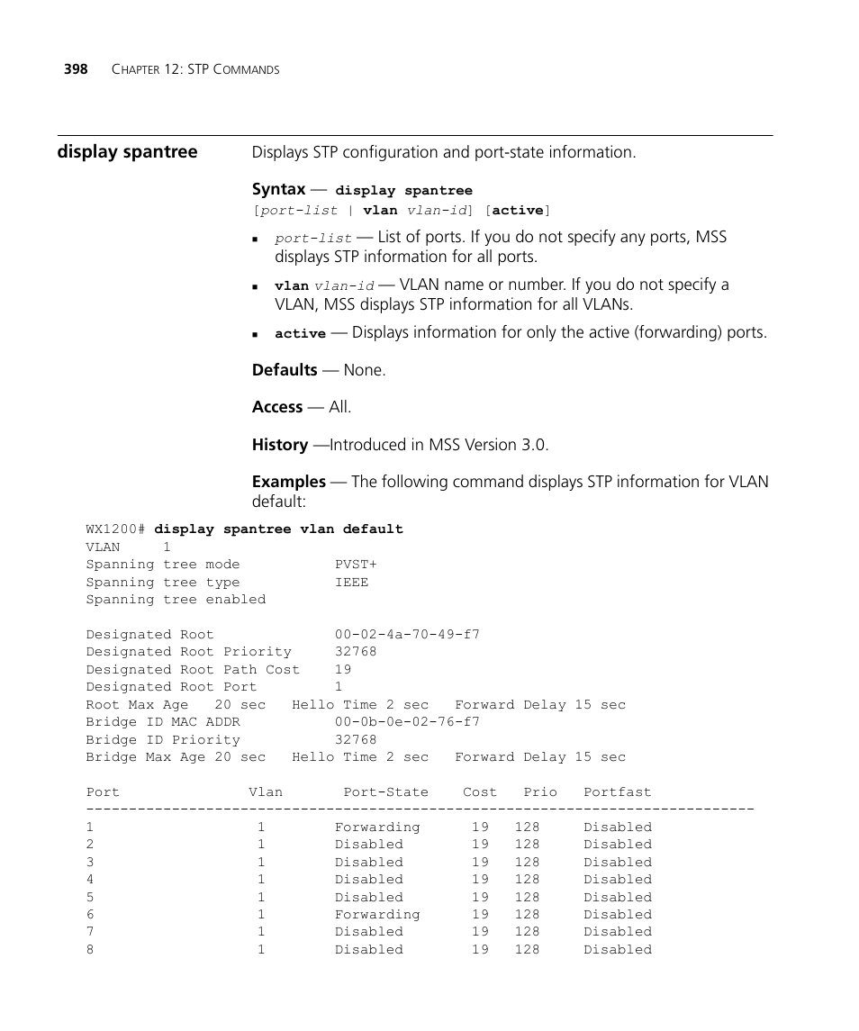 Display spantree | 3Com Wireless LAN WX1200 User Manual | Page 398 / 646