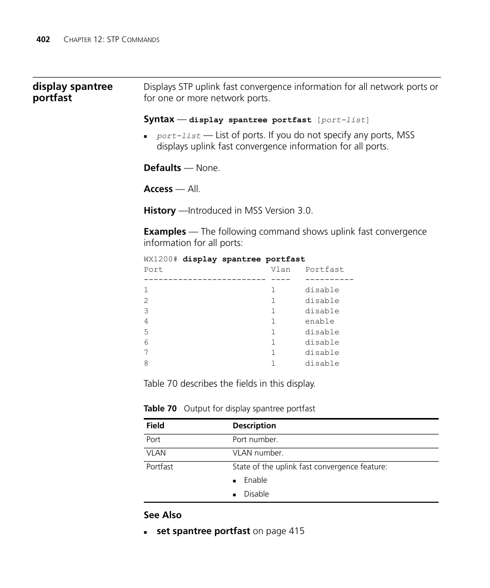 Display spantree portfast | 3Com Wireless LAN WX1200 User Manual | Page 402 / 646