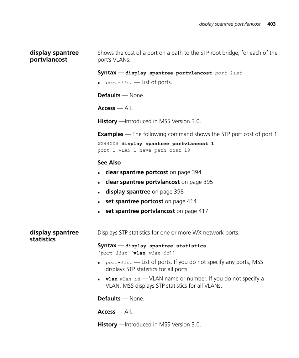 Display spantree portvlancost, Display spantree statistics | 3Com Wireless LAN WX1200 User Manual | Page 403 / 646