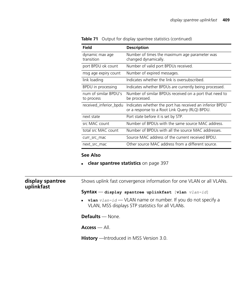 Display spantree uplinkfast | 3Com Wireless LAN WX1200 User Manual | Page 409 / 646