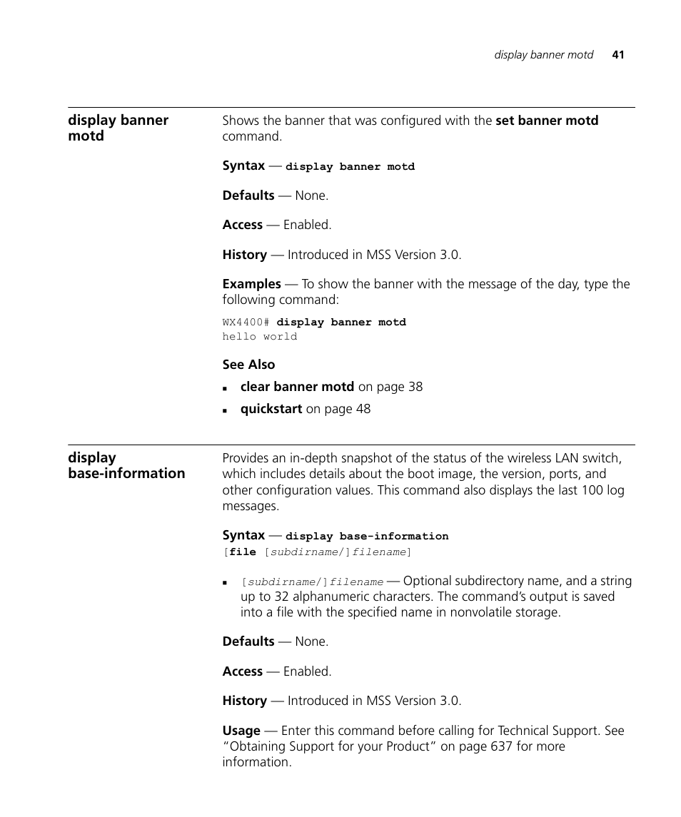 Display banner motd, Display base-information | 3Com Wireless LAN WX1200 User Manual | Page 41 / 646