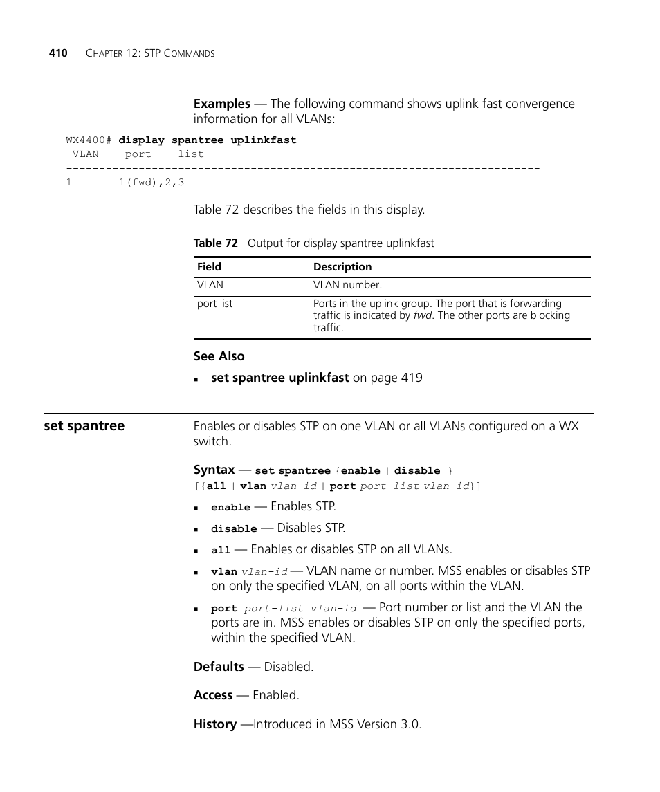 Set spantree | 3Com Wireless LAN WX1200 User Manual | Page 410 / 646