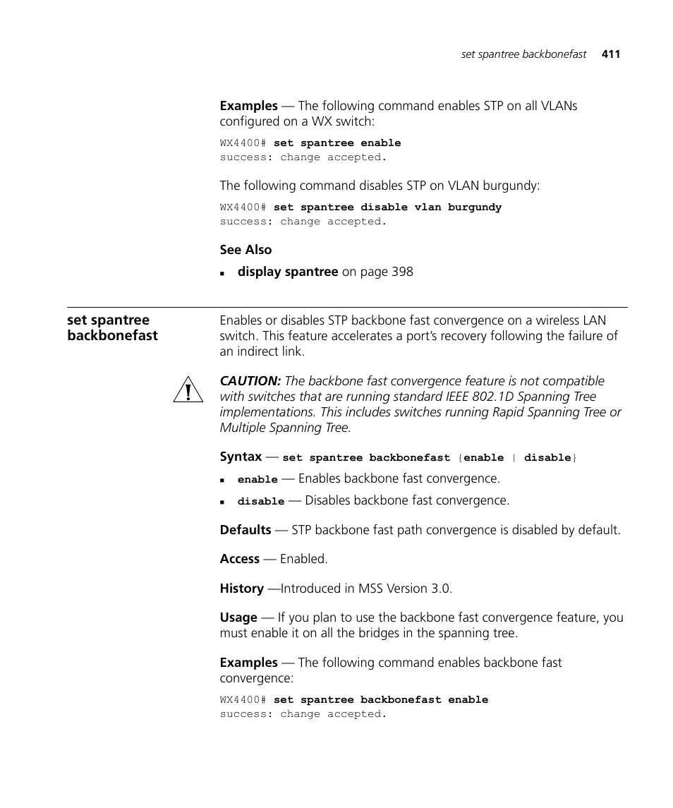 Set spantree backbonefast | 3Com Wireless LAN WX1200 User Manual | Page 411 / 646